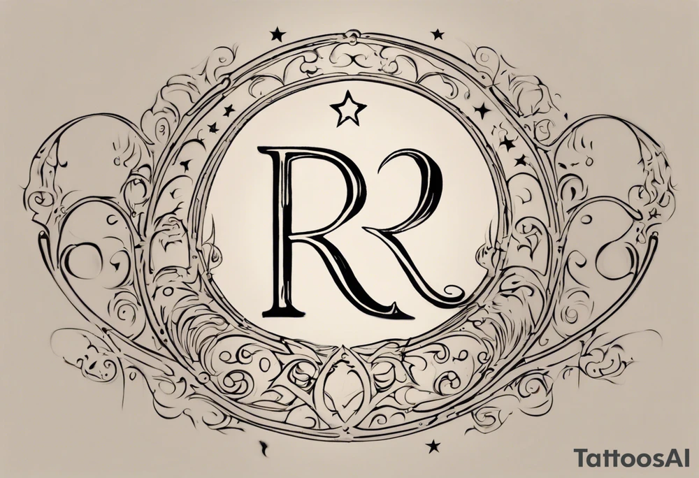a custom tattoo design for my daughter, incorporating the letter 'R' in a decorative or cursive font, seamlessly blending with a crescent moon shape. Surrounding the 'R,' I envision delicate stars forming a celestial theme. The date '090123' should be prominently integrated, possibly beneath the 'R' or positioned below the celestial elements. I'd like the design to symbolize a harmonious connection between the 'R,' celestial elements, and the birthdate. tattoo idea