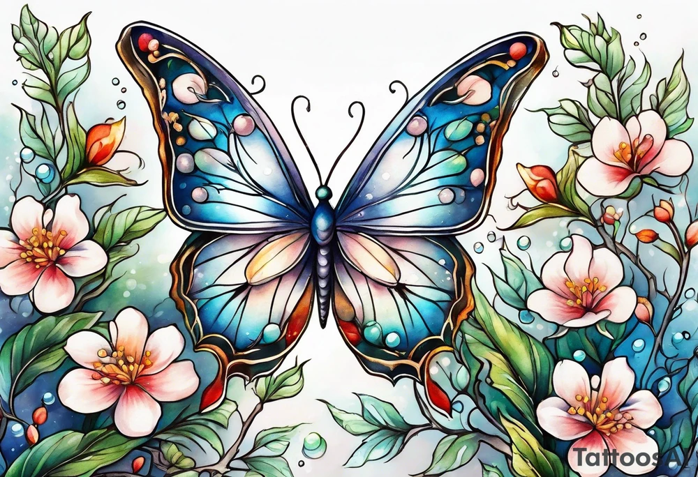 Winding branches and leaves and tiny flowers with a small moth and bubbles tattoo idea