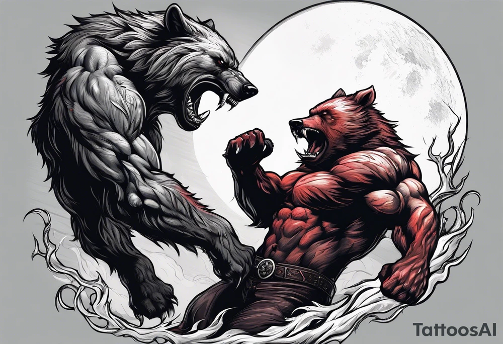 Muscular werewolf and muscular bear fighting under a blood moon tattoo idea