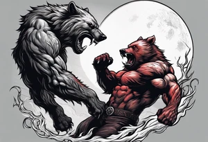 Muscular werewolf and muscular bear fighting under a blood moon tattoo idea