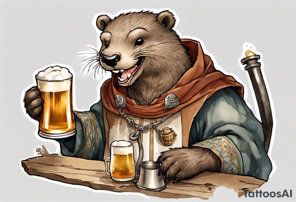 a medieval otter-bear hybrid wearing a tunic and drinking from a pewter mug of beer in a tavern, laughing tattoo idea