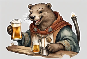 a medieval otter-bear hybrid wearing a tunic and drinking from a pewter mug of beer in a tavern, laughing tattoo idea