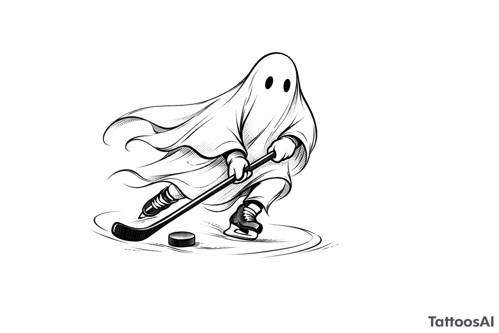 Minimalist ghost silhouette stickhandling a puck on ice tattoo idea
