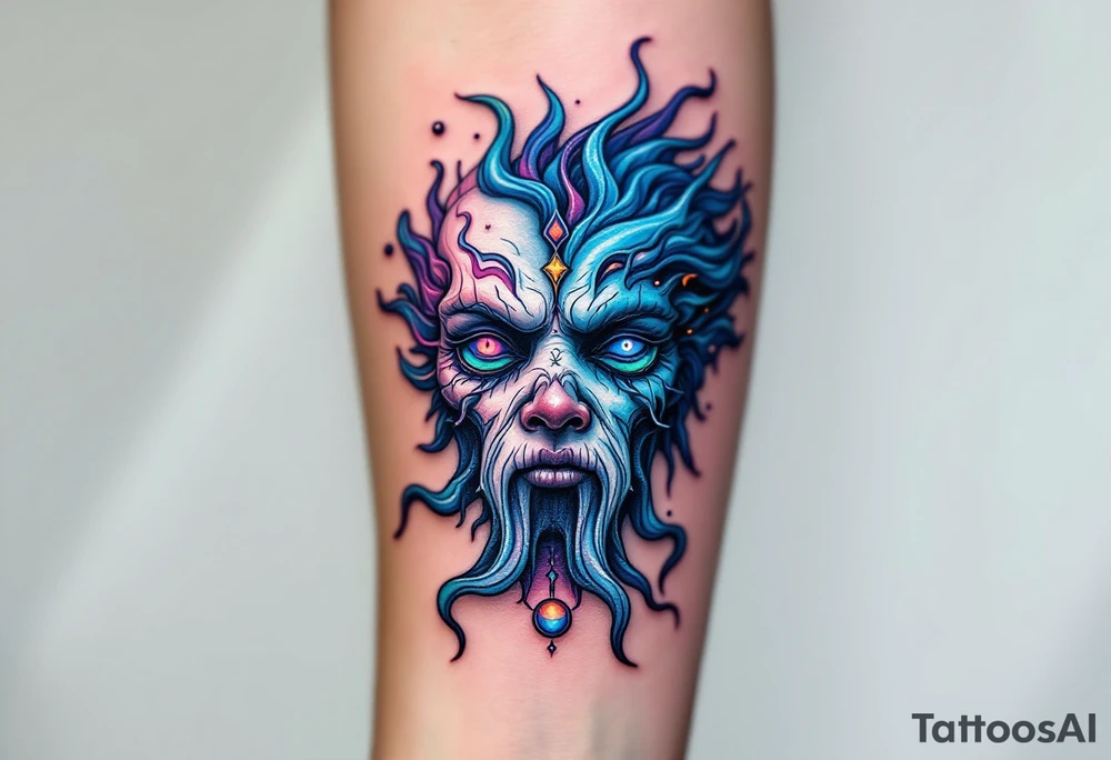 A half-human, half-aquatic being, with gills and bioluminescent skin, symbolizing Aquarius' adaptability and unconventional spirit. tattoo idea