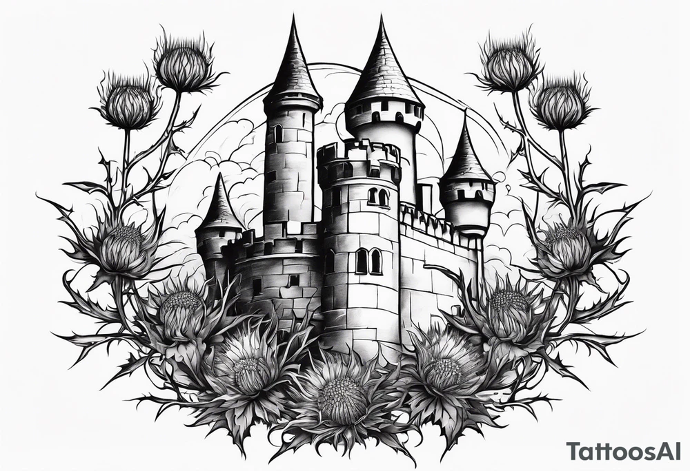 Thistles growing around a castle tower tattoo idea
