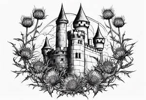 Thistles growing around a castle tower tattoo idea
