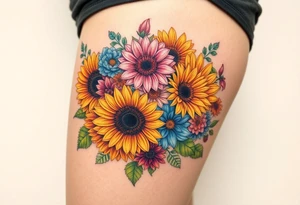 Bouquet of sunflowers, water Lillies, dahlias, marigolds, carnations, hydrangeas, daisys, and chrysanthemums tattoo idea