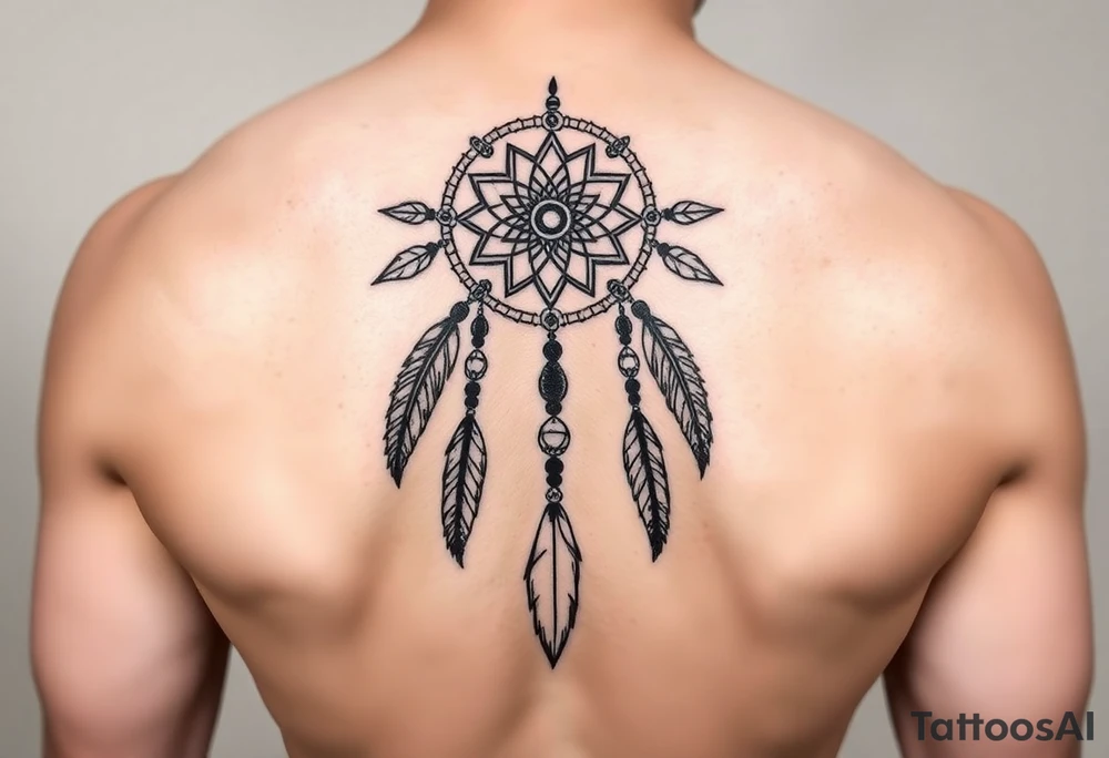 native dreamcatcher with flowing feathers and sacred beads tattoo idea