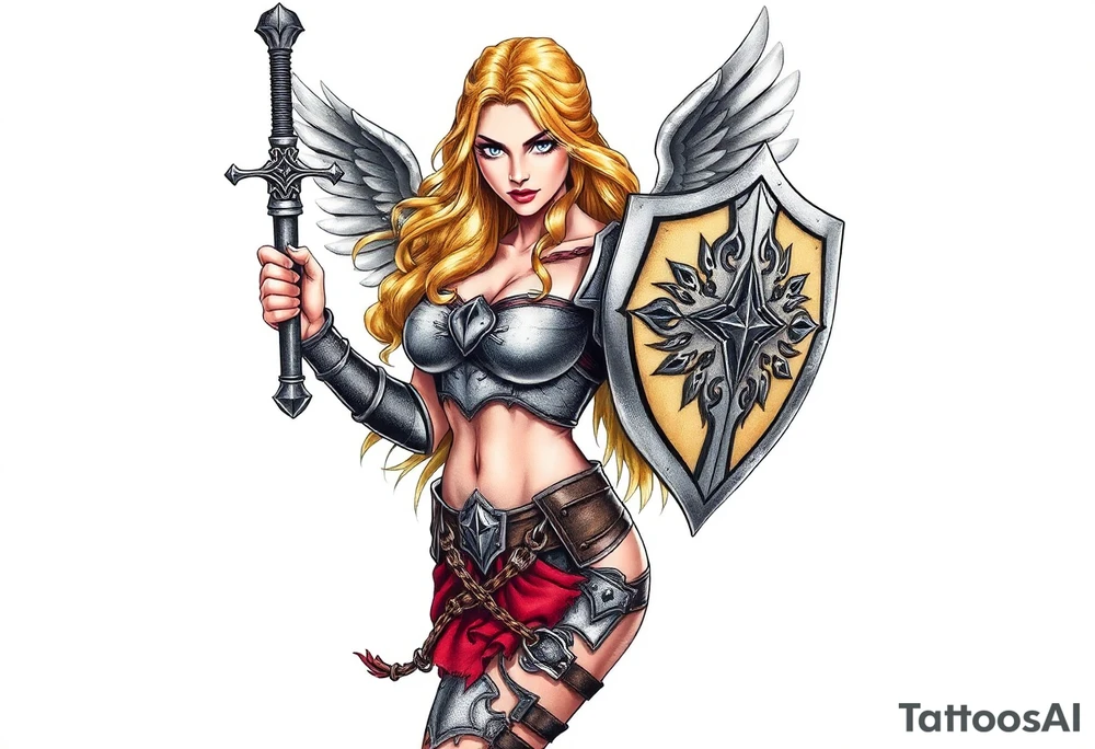 blonde valkyrie with sword and shield -- location calf -- image should show entire body of the valkyrie -- she should have large breasts and beautiful yet tough -- full color, realistic, should have breast armor, less cartoony more realistic, should -- full color-- 
 show her entire body
tattoo located on calf not on back tattoo idea