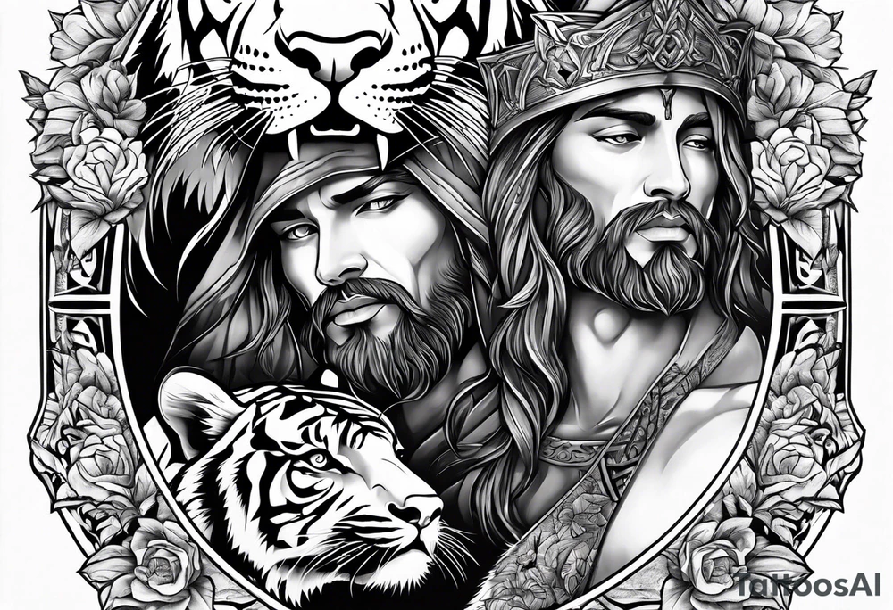 Jesus on a cross with a tiger cub walking in front tattoo idea