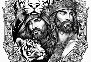 Jesus on a cross with a tiger cub walking in front tattoo idea