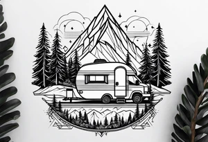 geometric mountains with an rv trailer 
and trees tattoo idea