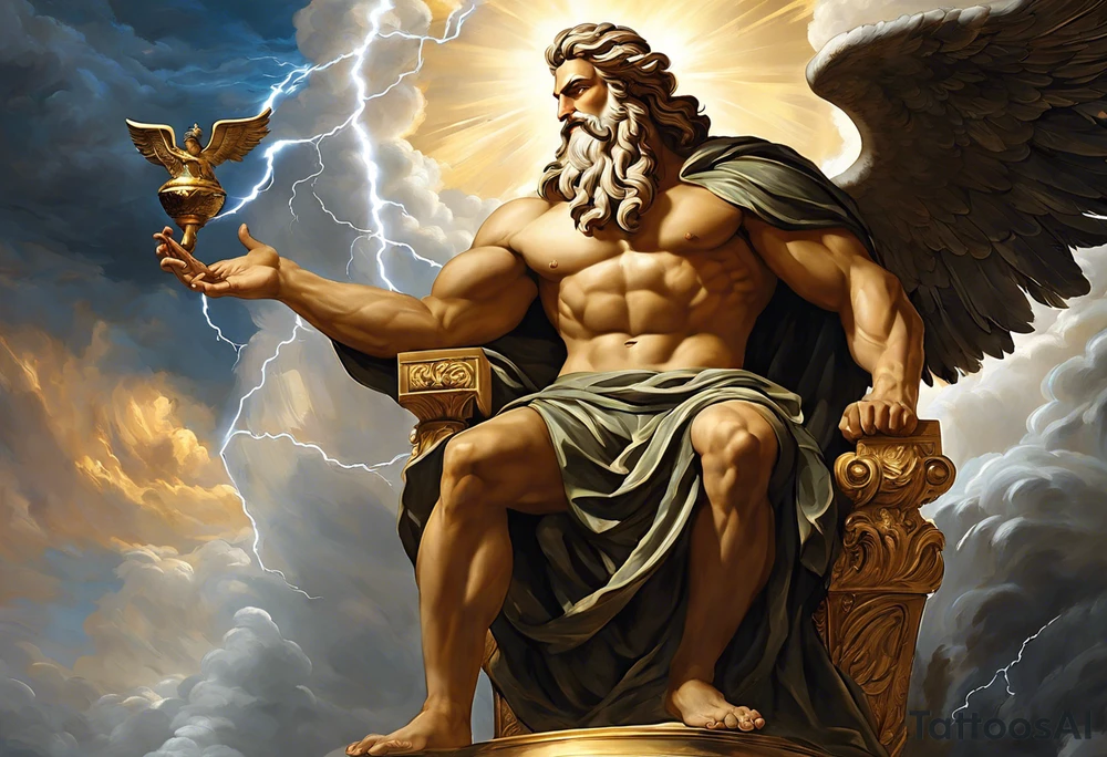 Zeus (Left Shoulder):

Zeus depicted in a seated position on a throne of clouds, holding a thunderbolt aloft in one hand.
The background could feature storm clouds with lightning bolts arcing across the sky.
Eagles, symbols of Zeus, soaring around him or perched on the throne's armrests.
Poseidon (Left Upper Arm):

Poseidon riding a chariot pulled by sea horses, with waves crashing around them.
Poseidon wielding his trident with a powerful stance, commanding the sea.
Dolphins and fish swimming through the waves, along with swirling patterns to represent the movement of water.
Hades (Left Forearm):

Hades seated on a dark throne in the underworld, surrounded by shadowy figures.
Flames flickering in the background, casting an eerie glow on Hades's features.
Ghostly apparitions and skeletal figures emerging from the darkness, representing souls in the underworld.
Transition and Unity:

Lightning bolts from Zeus's domain gradually transitioning into crashing waves representing Poseidon's domain.
Wisps of shadow and mist creeping in from the underworld, blending seamlessly into the darkness surrounding Hades. tattoo idea