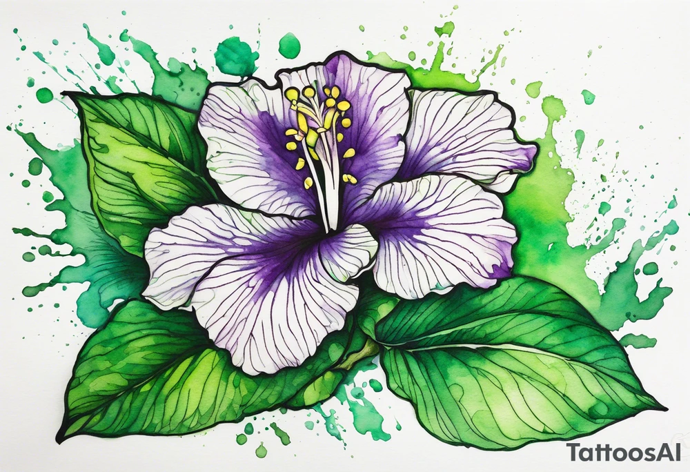 An outline of a green rio dipladenia flower and a green/purple watercolor splash in the background tattoo idea