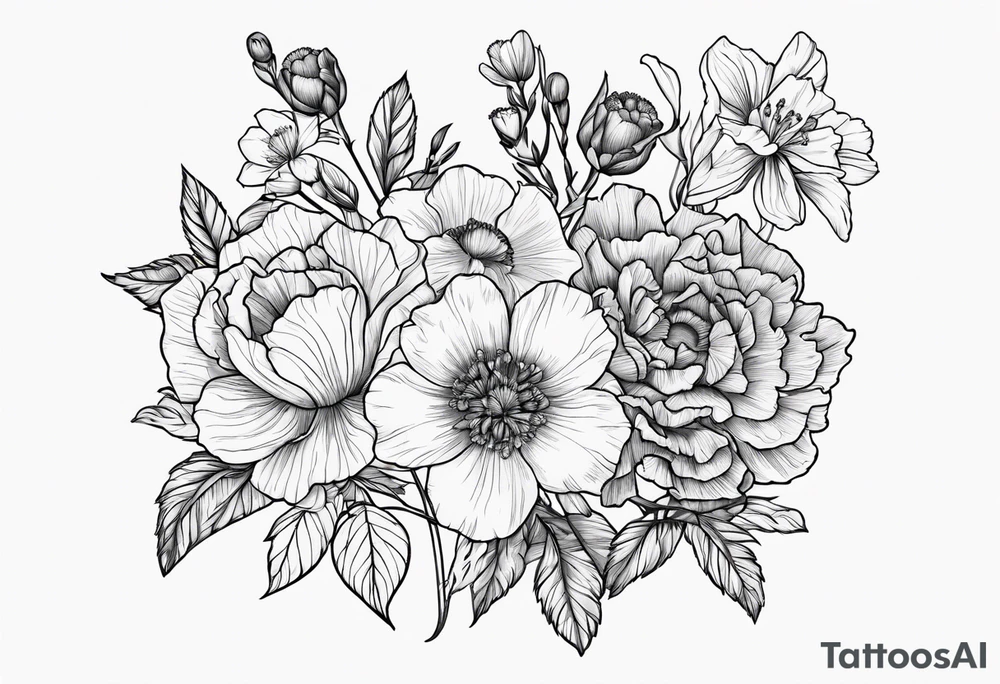 Carnations, aster, daffodil, poppy, hawthorn, larkspur tattoo idea