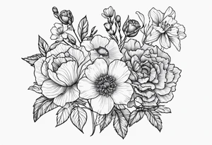 Carnations, aster, daffodil, poppy, hawthorn, larkspur tattoo idea
