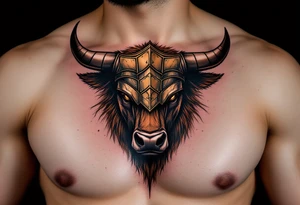 Gladiator Bull – Strong bull with armor helm over its forehead, fur in burnished bronze and dusty brown, and war paint streaked across the eyes. tattoo idea