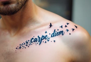 Blue watercolor script fading from dark to light "carpe diem", trailing a flock of black birds in flight. tattoo idea