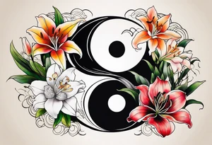 Half of Yin Yang incorporated 
Lilies tattoo idea