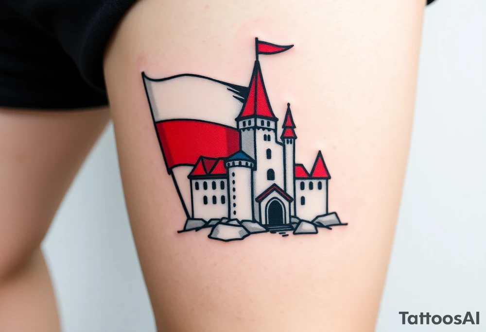 A Czech flag (blue, white up, red down) waving behind a medieval castle tattoo idea