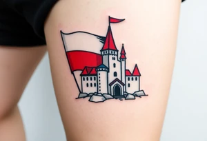 A Czech flag (blue, white up, red down) waving behind a medieval castle tattoo idea