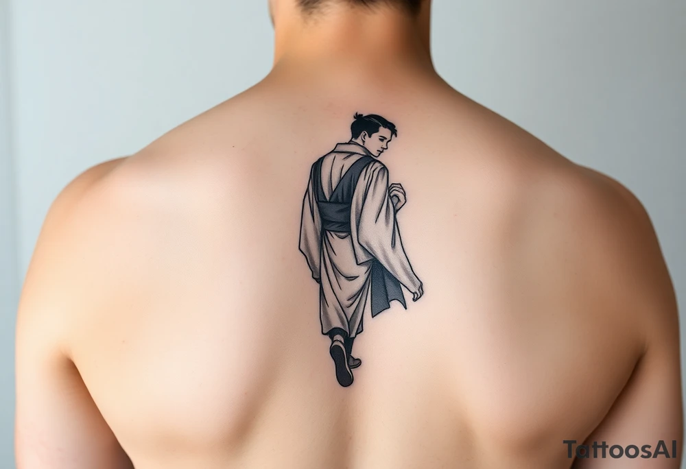 An abstract tattoo of a guy in a kimono walking forward while a girl pushes him from behind. tattoo idea