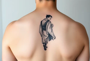 An abstract tattoo of a guy in a kimono walking forward while a girl pushes him from behind. tattoo idea