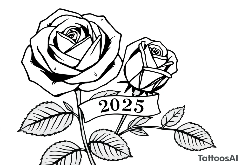 two beautiful large rose buds, one larger than the other, with many leaves next to the rose buds, with one sitting higher than the other. Include a banner connecting the two roses with the year 2025 on it.   Use dark outlines with little shading. The two stems should be short, not long, and connect and join into one stem, whimsically curved or twisted - not straight down. tattoo idea