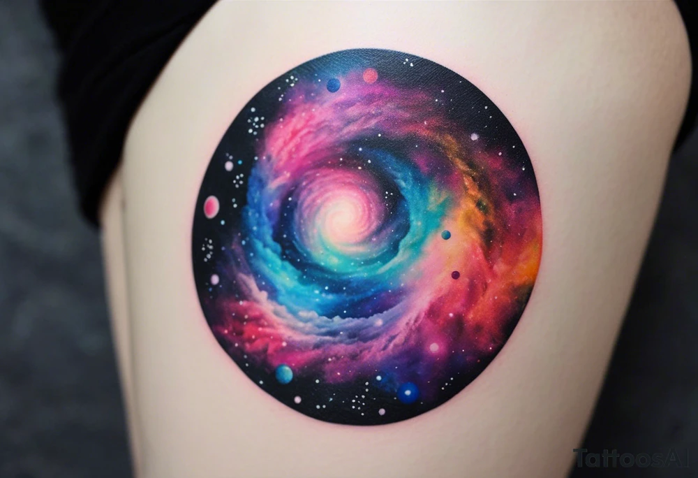 I want a spiral nebula space galaxy tattoo that's colorful and bright and cute and is nice to look at I don't want a traditional circle I want it like the ones thay look like an s shape and this tattoo will be on my left buttcheek and light colors I want more spread and less circle tattoo idea