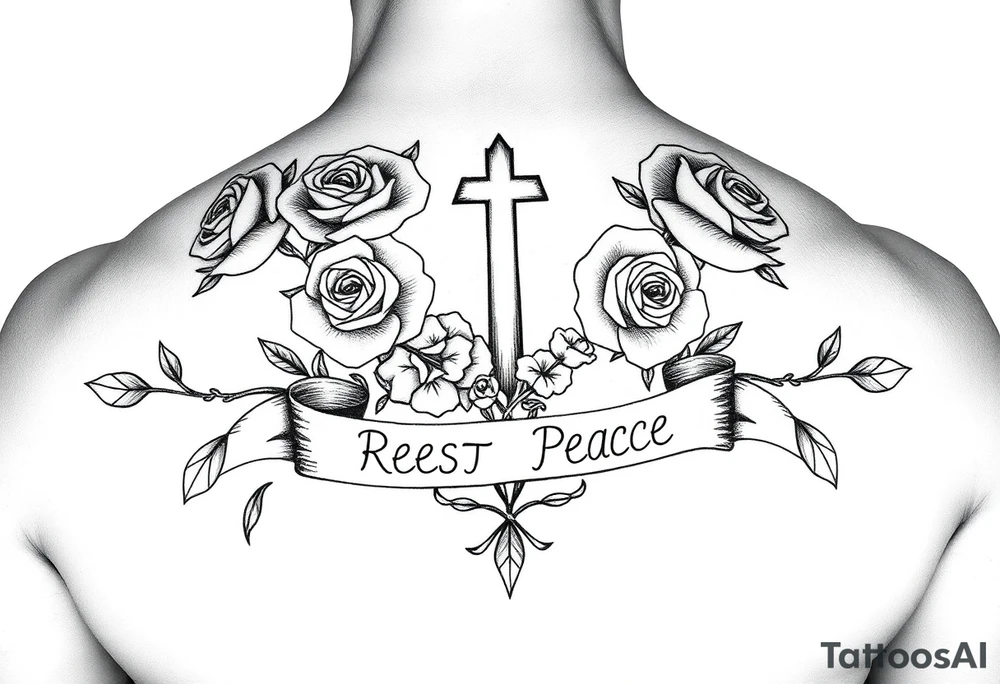 Hip hop religious rest in peace with roses and a banner for a name tattoo idea