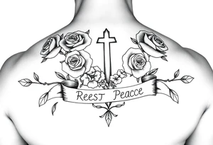 Hip hop religious rest in peace with roses and a banner for a name tattoo idea
