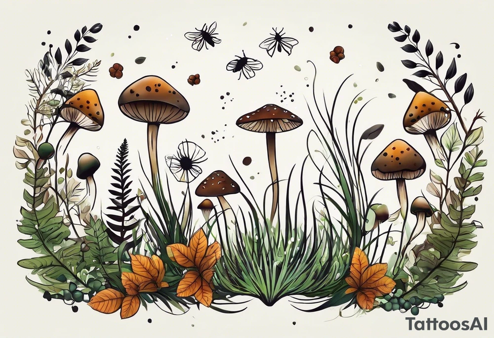 minimalistic forest floor inspired tattoo, which includes grass, moss, curly ferns and dead leaves as the bulk of the tattoo. details to include: forest berries, couple of very small brown mushrooms, a tiny bumblebee flying nearby tattoo idea