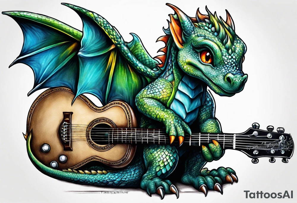 baby dragon with guitar tattoo idea