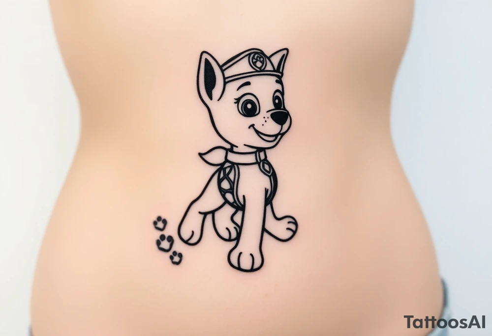 Walking Paw Patrol member leaving a realistic textured paw print behind him. tattoo idea