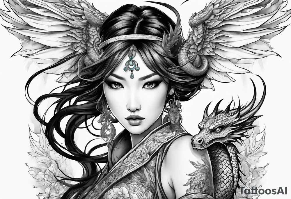 beautiful warrior nymph with wings and a dragon friend tattoo idea