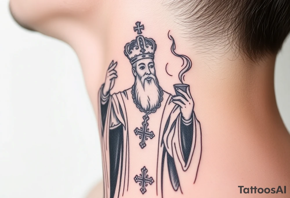 Russian Orthodox Priest in a fully detailed gold vestment swinging a censer with smoke curling upward tattoo idea