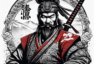 Bushido warrior with 7 rules writen characters, with albanian flag themed tattoo idea
