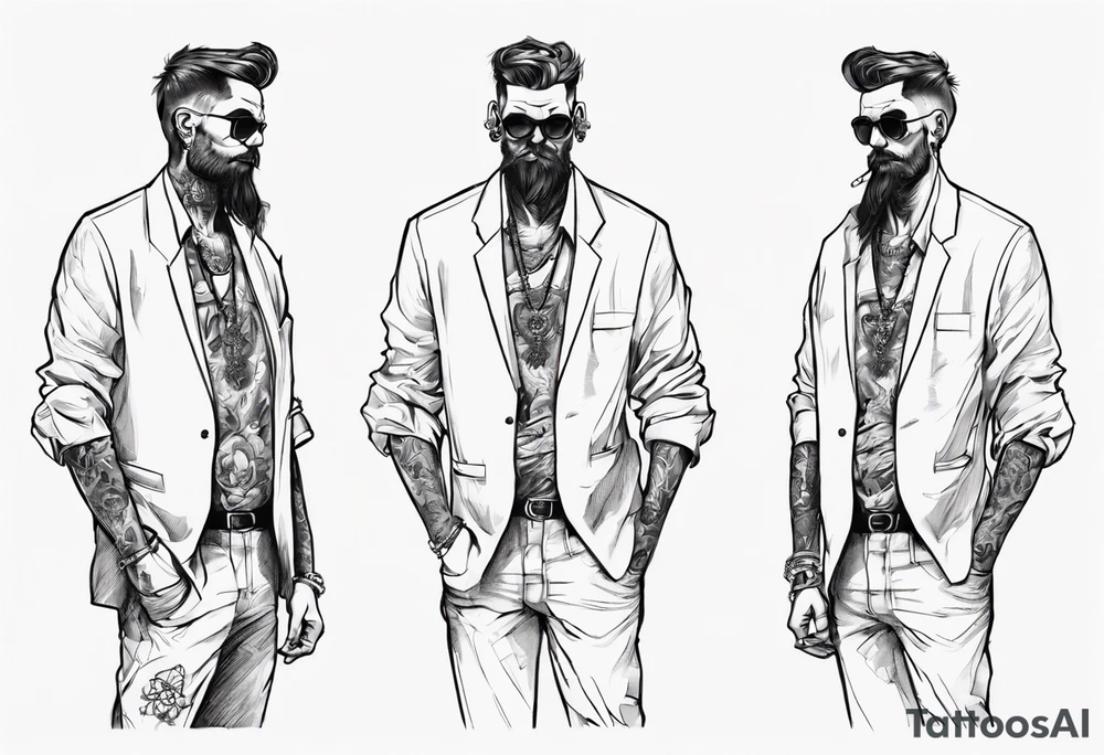 A man standing full-length, smoking a cigarette, with earrings in his ears, no headgear tattoo idea