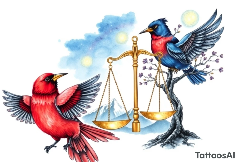 one of the birds red wearing a suit, other bird navy blue with glasses or holding a book, scales of justice built into a tree, starry night painting and mountain background tattoo idea