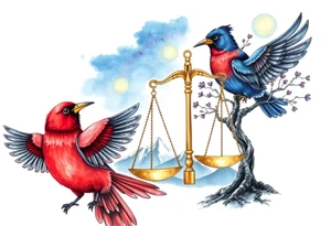 one of the birds red wearing a suit, other bird navy blue with glasses or holding a book, scales of justice built into a tree, starry night painting and mountain background tattoo idea