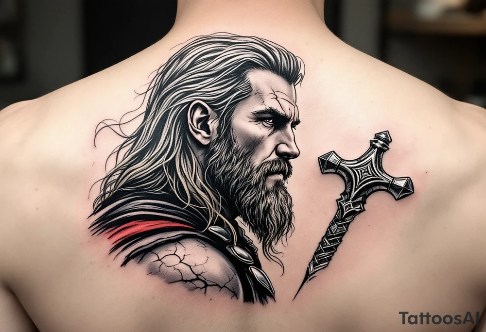 A side profile of Thor with a cracked Mjölnir beside him, symbolizing his journey of loss and growth, in black and grey realism with silver detailing. tattoo idea