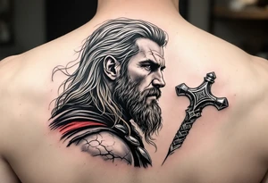 A side profile of Thor with a cracked Mjölnir beside him, symbolizing his journey of loss and growth, in black and grey realism with silver detailing. tattoo idea