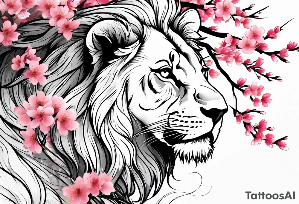 Cherry blossom blowing in the wind with a lion tattoo idea