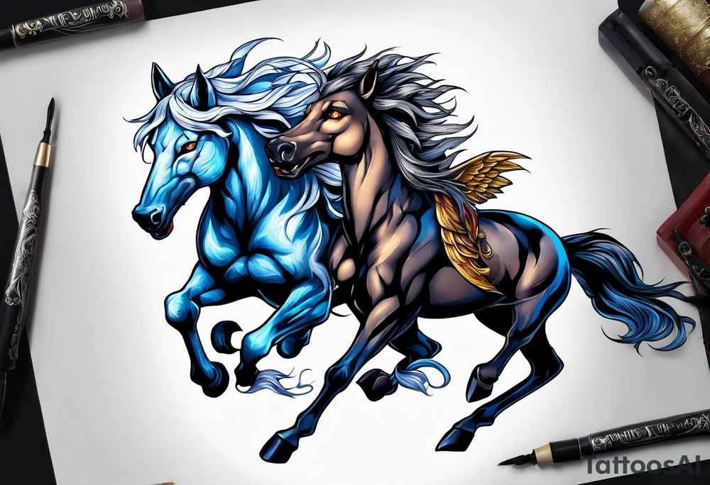 Female werewolf and Pegasus fighting in the night tattoo idea