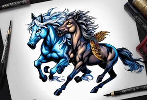 Female werewolf and Pegasus fighting in the night tattoo idea