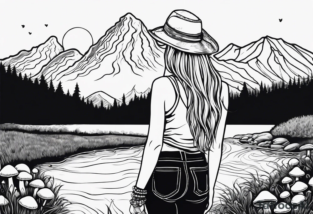 Straight long blonde hair hippie girl in distance holding mushrooms in hand facing away toward mountains and creek surrounded by mushrooms tee shirt and hiking pants tattoo idea