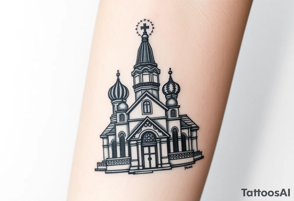 in a dorsal view a detailed orthodox church with onion domes and a band at the front with mist shrouding the top and fading into a virgin mary overlooking above at the top tattoo idea