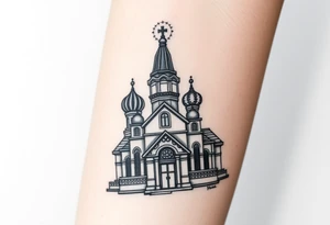 in a dorsal view a detailed orthodox church with onion domes and a band at the front with mist shrouding the top and fading into a virgin mary overlooking above at the top tattoo idea