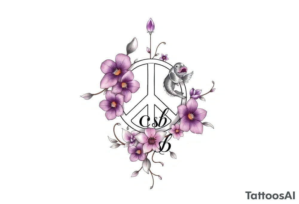 peace symbol, dog prints, Pisces symbol, intertwined with violets, amethyst, initials csb in cursive font all intertwined together tattoo idea