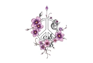 peace symbol, dog prints, Pisces symbol, intertwined with violets, amethyst, initials csb in cursive font all intertwined together tattoo idea